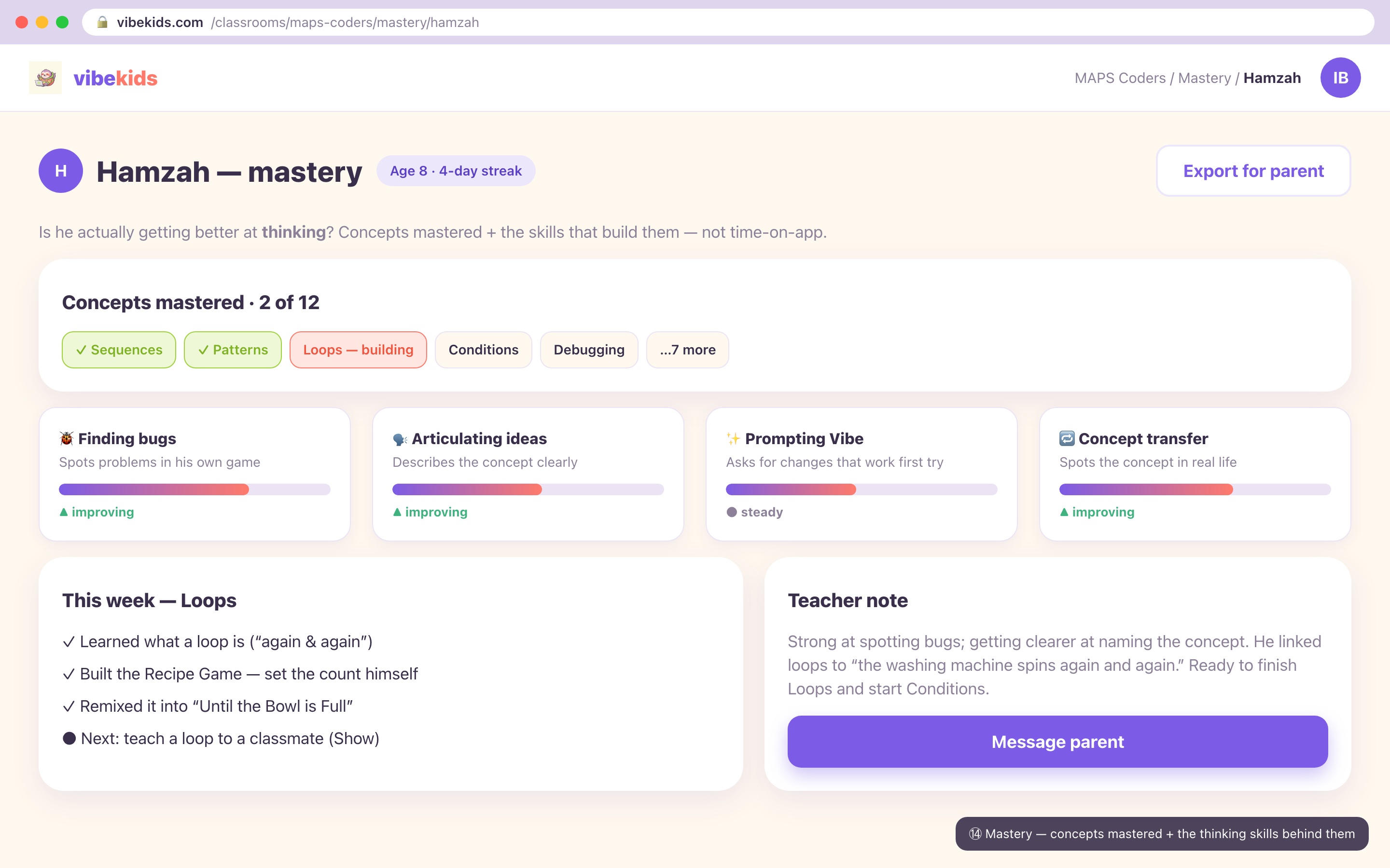 Vibekids mastery view tracking a child's progress across coding concepts.
